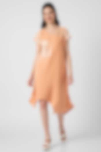 Muskmelon Orange Linen Hand Screen Printed Asymmetrical Dress by Kaveri