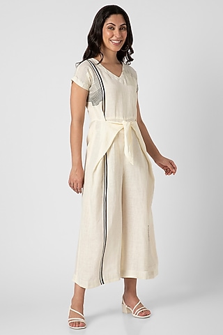 Off-White Linen Hand Screen Printed Jumpsuit by Kaveri