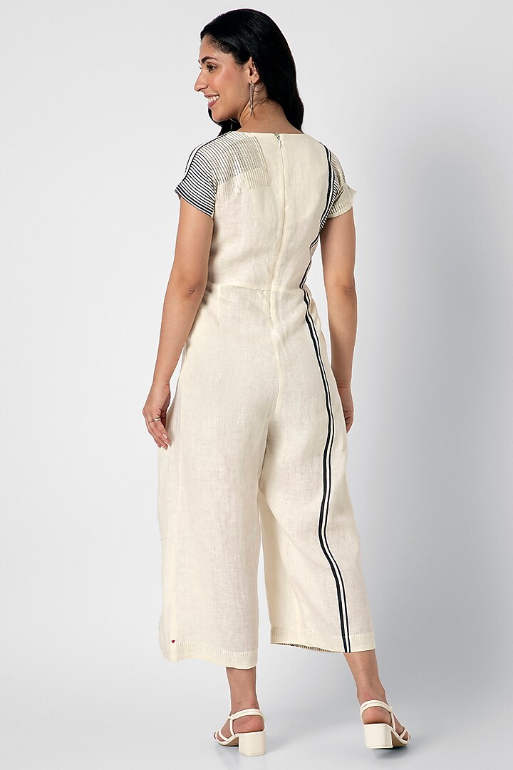 Off-White Linen Hand Screen Printed Jumpsuit by Kaveri at Pernia's Pop Up Shop