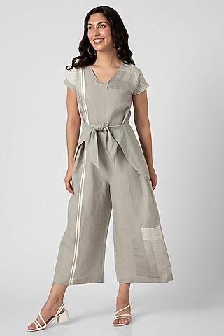 Fern Green Linen Hand Screen Printed Jumpsuit by Kaveri