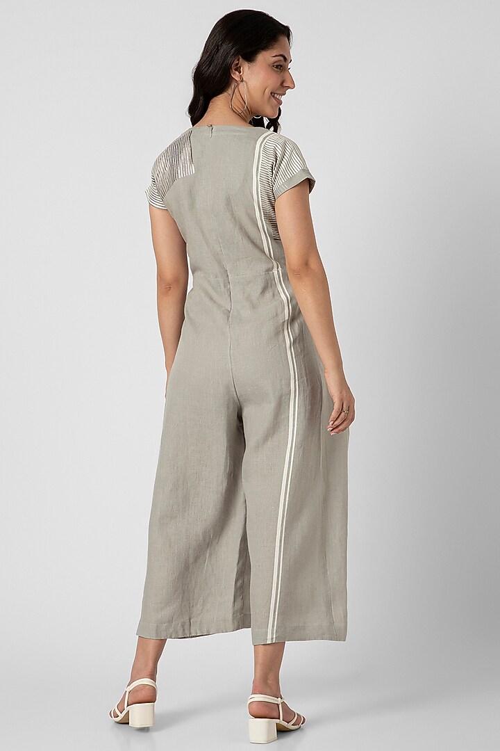 Fern Green Linen Hand Screen Printed Jumpsuit by Kaveri at Pernia's Pop Up Shop