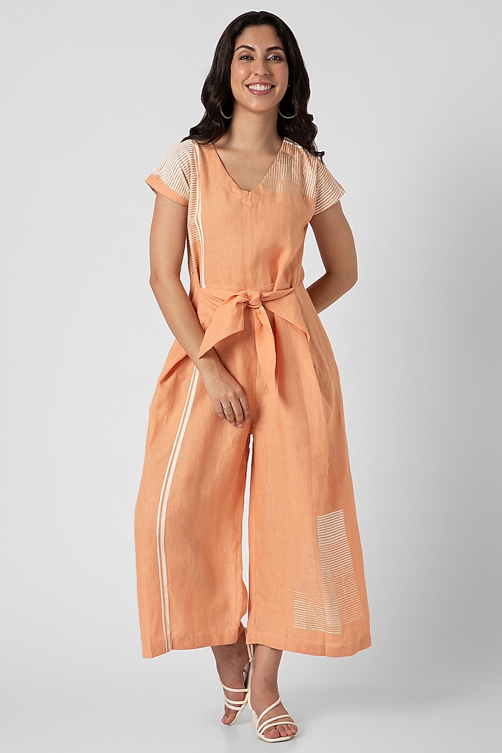 Muskmelon Orange Linen Hand Screen Printed Jumpsuit by Kaveri