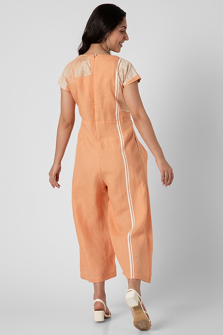 Muskmelon Orange Linen Hand Screen Printed Jumpsuit by Kaveri at Pernia's Pop Up Shop