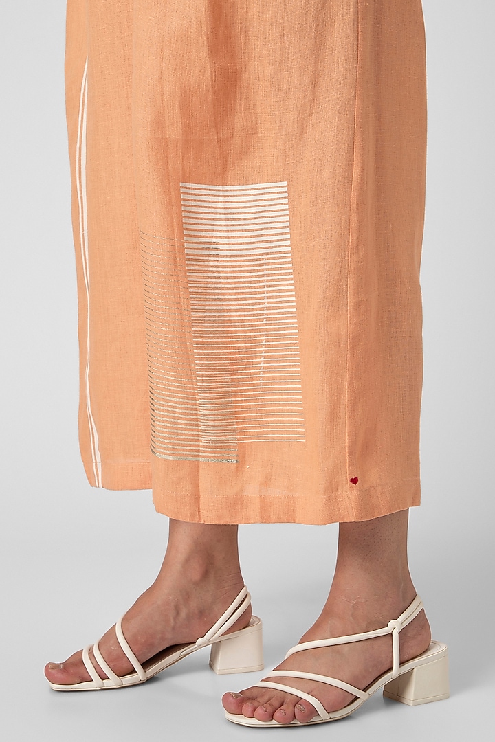 Muskmelon Orange Linen Hand Screen Printed Jumpsuit by Kaveri at Pernia's Pop Up Shop