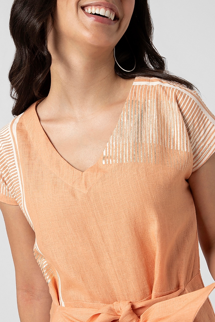 Muskmelon Orange Linen Hand Screen Printed Jumpsuit by Kaveri at Pernia's Pop Up Shop