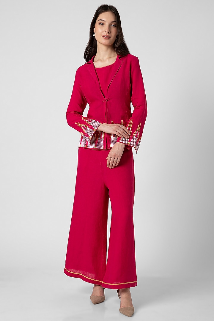 Hot Pink Linen Jacket Set by Kaveri