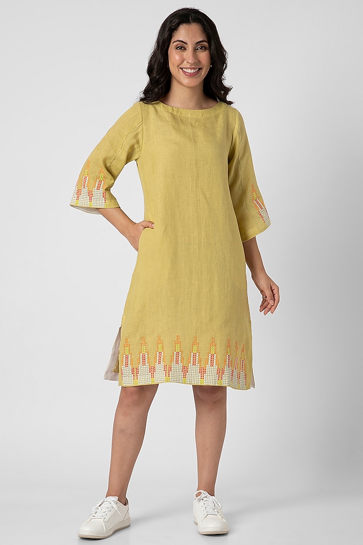 Neon Green Linen Knee-Length Dress by Kaveri at Pernia's Pop Up Shop