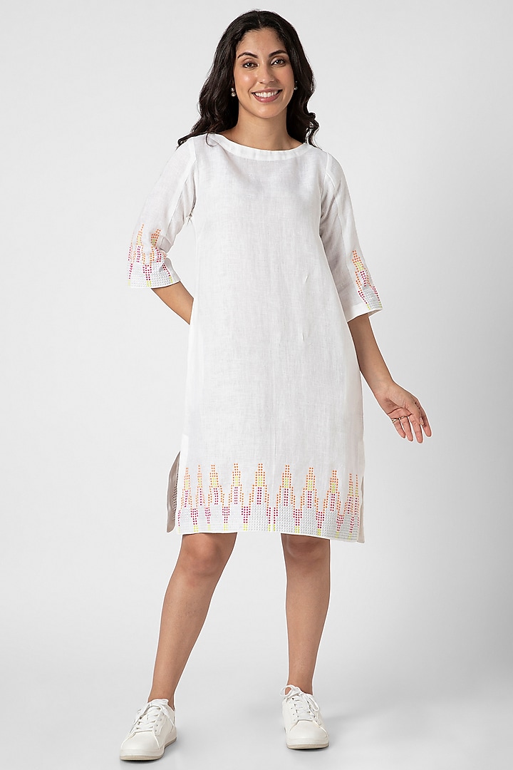 White Linen Knee-Length Dress by Kaveri at Pernia's Pop Up Shop