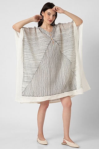 Off-White Linen Hand Screen Printed Kaftan Set by Kaveri