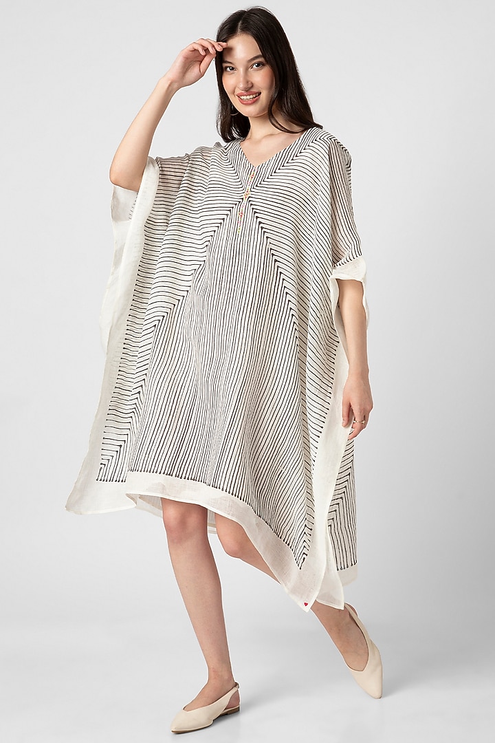 Off-White Linen Hand Screen Printed Kaftan Set by Kaveri at Pernia's Pop Up Shop