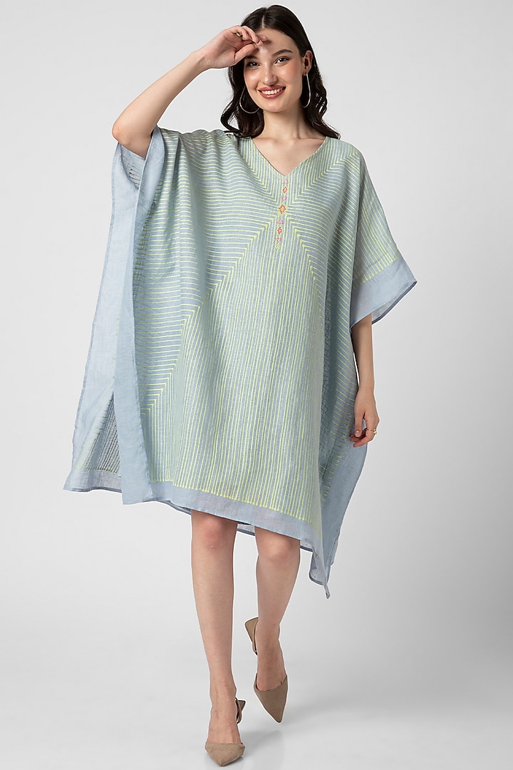 Blue Linen Hand Screen Printed Kaftan Set by Kaveri at Pernia's Pop Up Shop