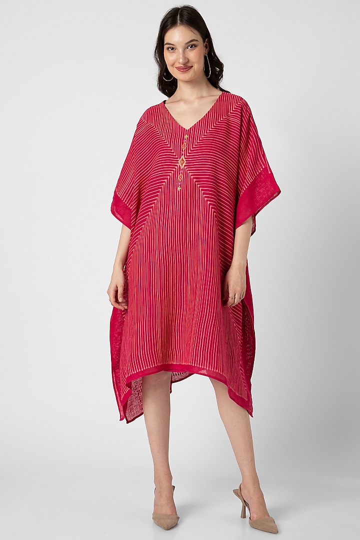 Hot Pink Linen Hand Screen Printed Kaftan Set by Kaveri at Pernia's Pop Up Shop