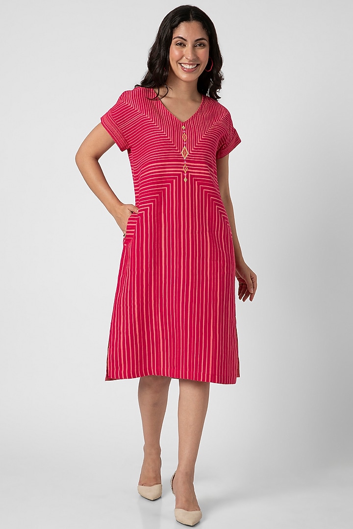 Hot Pink Linen Hand Screen Printed Knee-Length Summer Dress by Kaveri at Pernia's Pop Up Shop
