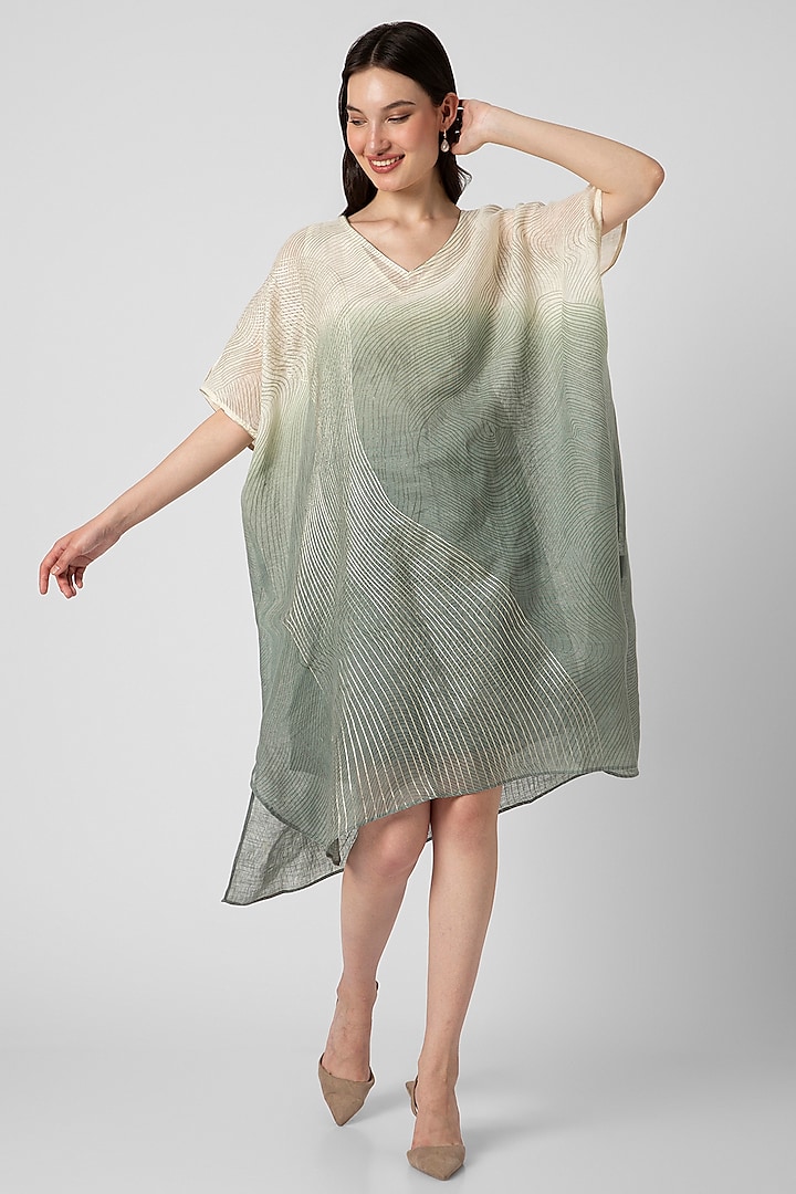 Jade Ombre Dyed Linen Hand Screen Printed Dress by Kaveri at Pernia's Pop Up Shop