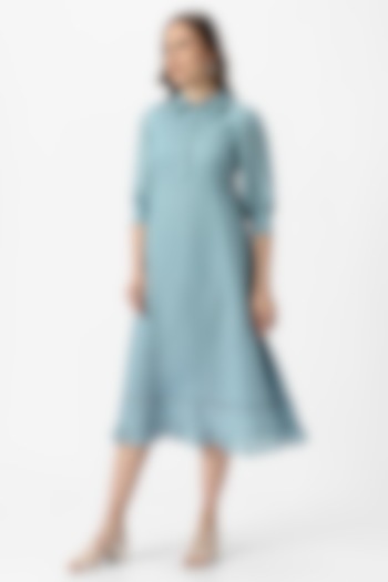 Blue Linen Ruffled Midi Dress by Kaveri at Pernia's Pop Up Shop