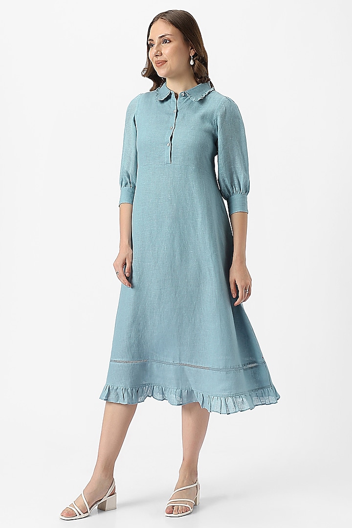 Blue Linen Ruffled Midi Dress by Kaveri at Pernia's Pop Up Shop