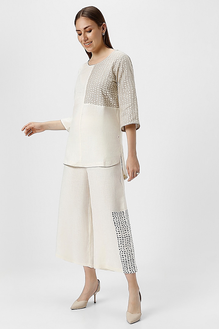 White & Beige Linen Hand Screen Printed Co-Ord Set by Kaveri at Pernia's Pop Up Shop