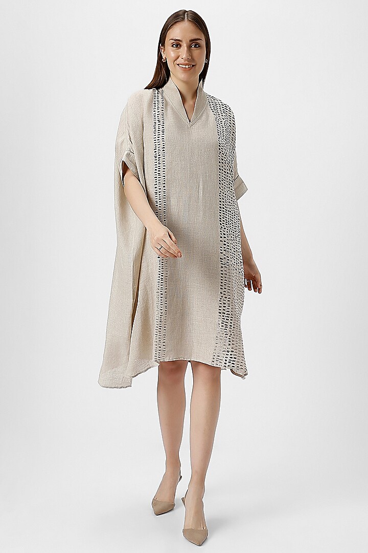 White & Beige Linen Hand Screen Printed Asymmetrical Dress by Kaveri at Pernia's Pop Up Shop