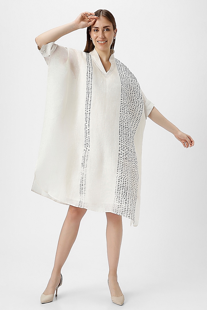 White & Beige Linen Hand Screen Printed Asymmetrical Dress by Kaveri at Pernia's Pop Up Shop