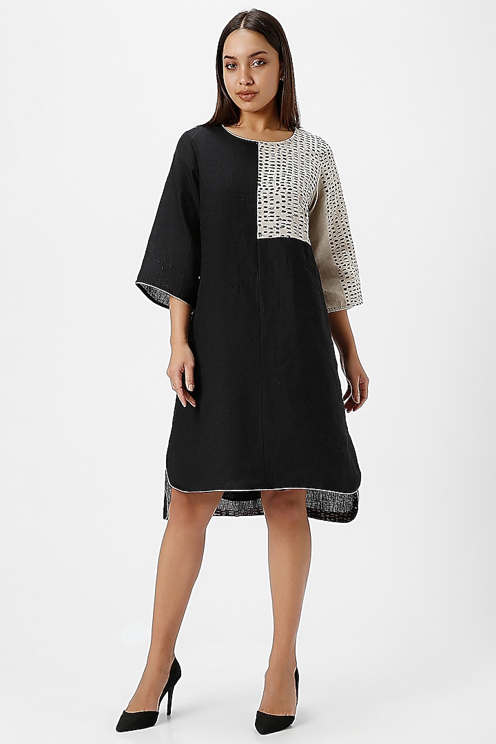 Black & Grey Linen Hand Screen Printed Asymmetrical Dress by Kaveri at Pernia's Pop Up Shop