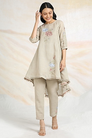 Natural Beige Linen Floral Hand Embroidered & Printed Top by Kaveri