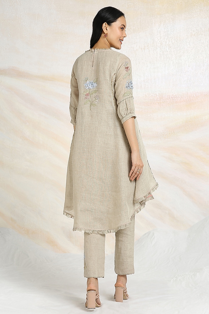Natural Beige Linen Floral Hand Embroidered & Printed Top by Kaveri at Pernia's Pop Up Shop