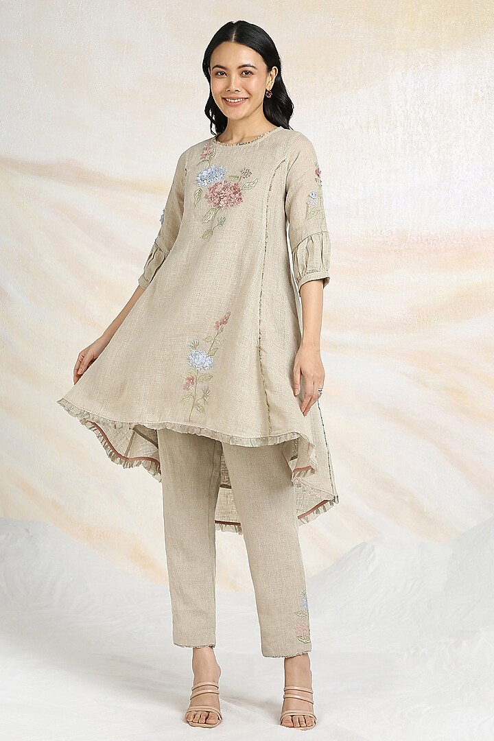 Natural Beige Linen Floral Hand Embroidered & Printed Top by Kaveri at Pernia's Pop Up Shop