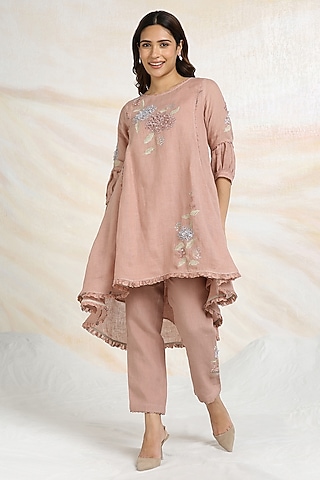 Peony Pink Linen Floral Hand Embroidered & Printed Top by Kaveri