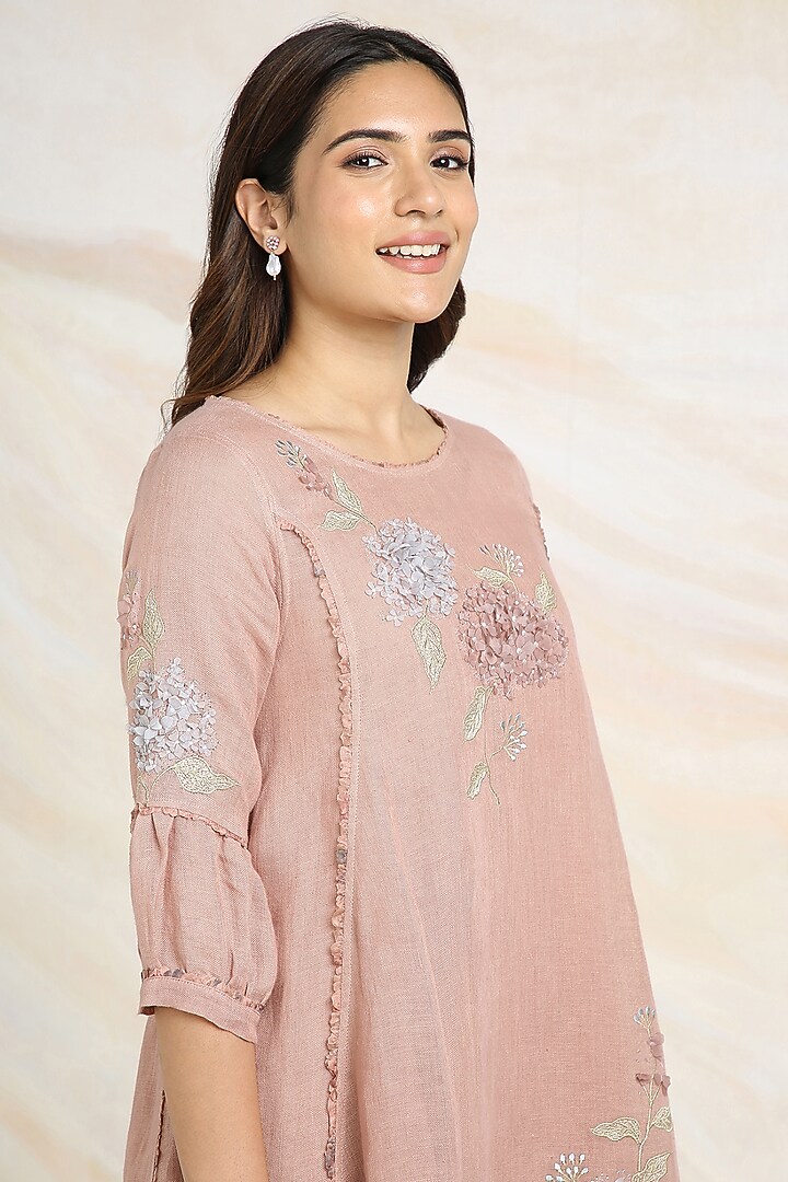 Peony Pink Linen Floral Hand Embroidered & Printed Top by Kaveri at Pernia's Pop Up Shop