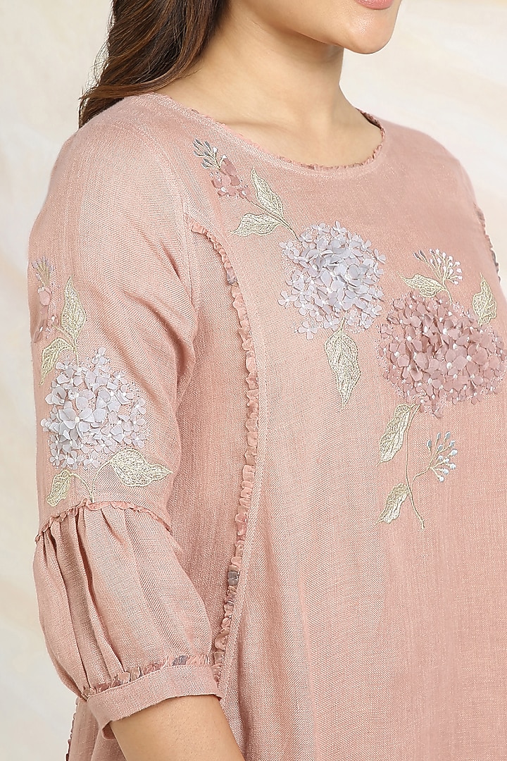 Peony Pink Linen Floral Hand Embroidered & Printed Top by Kaveri at Pernia's Pop Up Shop