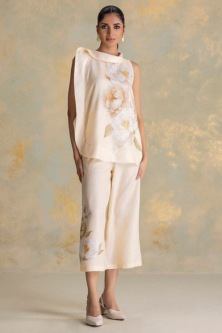 Butter Yellow Linen Blend Floral Motifs Co-Ord Set by Kaveri at Pernia's Pop Up Shop