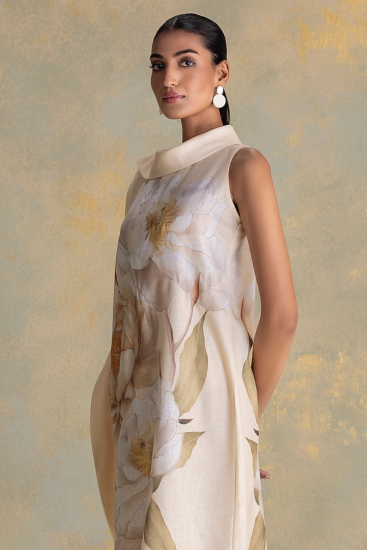 Butter Yellow Linen Blend Floral Motifs Summer Dress by Kaveri at Pernia's Pop Up Shop