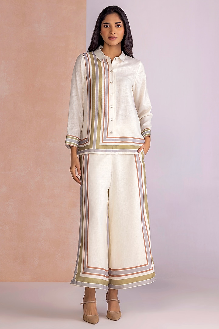 Earthy Beige Linen Stripe Printed Co-Ord Set by Kaveri at Pernia's Pop Up Shop