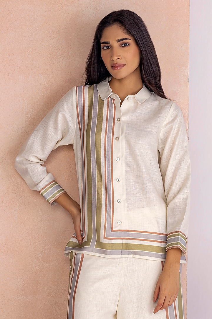 Earthy Beige Linen Stripe Printed Co-Ord Set by Kaveri at Pernia's Pop Up Shop