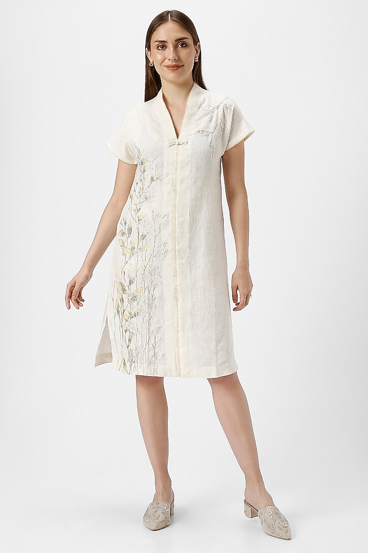 Off-White Linen Thread Embroidered Summer Dress by Kaveri at Pernia's Pop Up Shop