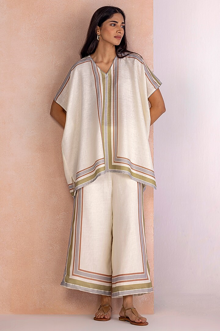 Earthy Beige Linen Striped Co-Ord Set by Kaveri at Pernia's Pop Up Shop