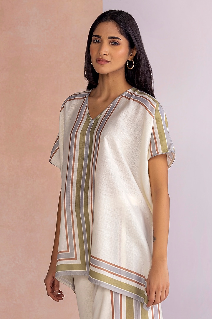 Earthy Beige Linen Printed Top by Kaveri at Pernia's Pop Up Shop