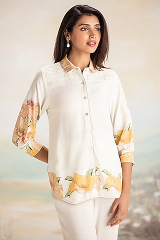Bonny-Colored Viscose Screen Printed Button-Down Shirt by Kaveri