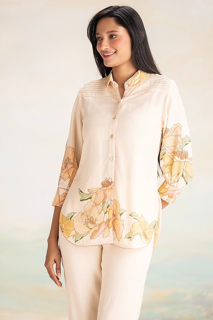 Nude-Colored Viscose Screen Printed Button-Down Shirt by Kaveri at Pernia's Pop Up Shop