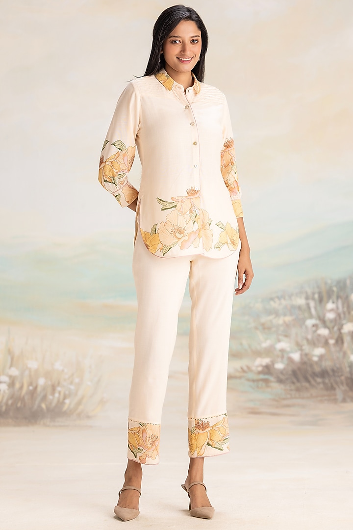 Nude-Colored Viscose Screen Printed Button-Down Shirt by Kaveri at Pernia's Pop Up Shop