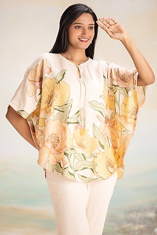 Nude-Colored Viscose Screen Printed Circular Top by Kaveri