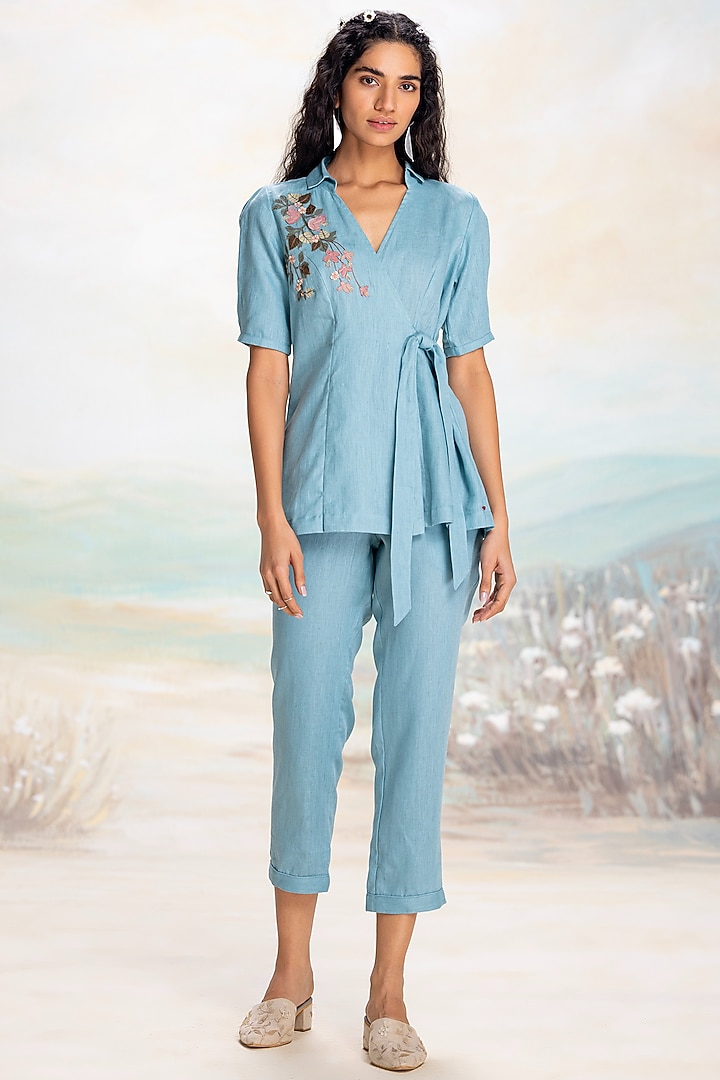 Lake-Colored Linen Tie-Up Co-Ord Set by Kaveri at Pernia's Pop Up Shop