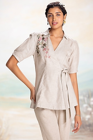 Natural-Colored Linen Wrap Top by Kaveri