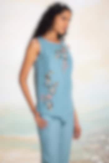 Lake-Colored Linen Thread Embroidered Asymmetrical Top by Kaveri at Pernia's Pop Up Shop