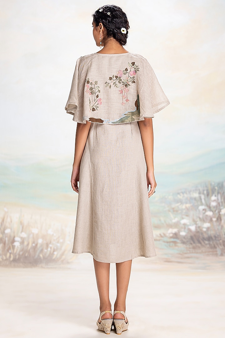 Natural Beige Linen Thread Embroidered Cape Vacation Dress by Kaveri at Pernia's Pop Up Shop