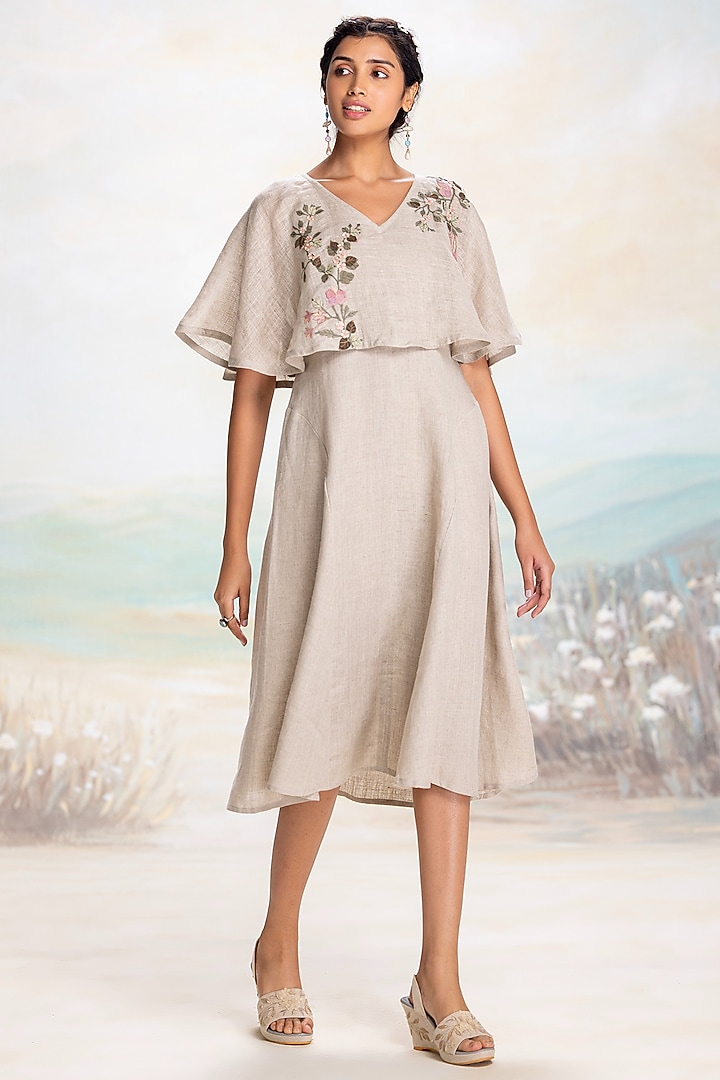 Natural Beige Linen Thread Embroidered Cape Vacation Dress by Kaveri at Pernia's Pop Up Shop