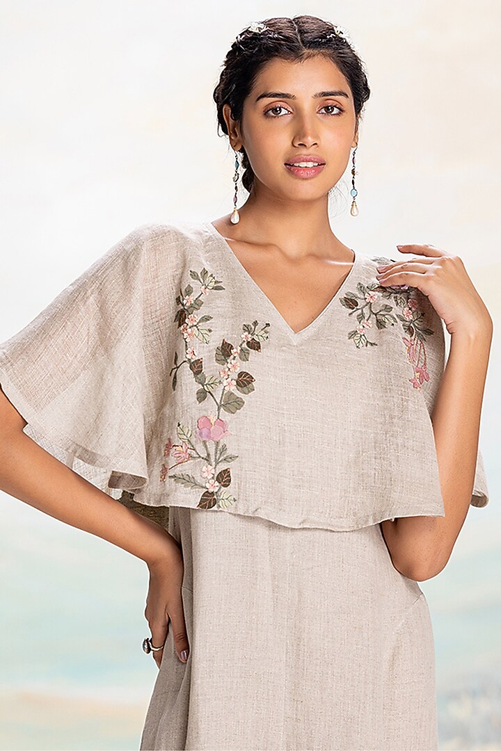 Natural Beige Linen Thread Embroidered Cape Vacation Dress by Kaveri at Pernia's Pop Up Shop