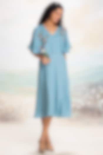 Lake Colored Linen Thread Embroidered Cape Vacation Dress by Kaveri at Pernia's Pop Up Shop