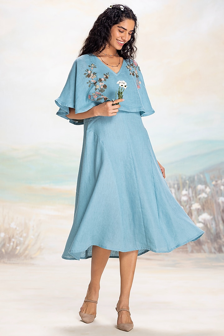 Lake Colored Linen Thread Embroidered Cape Vacation Dress by Kaveri at Pernia's Pop Up Shop