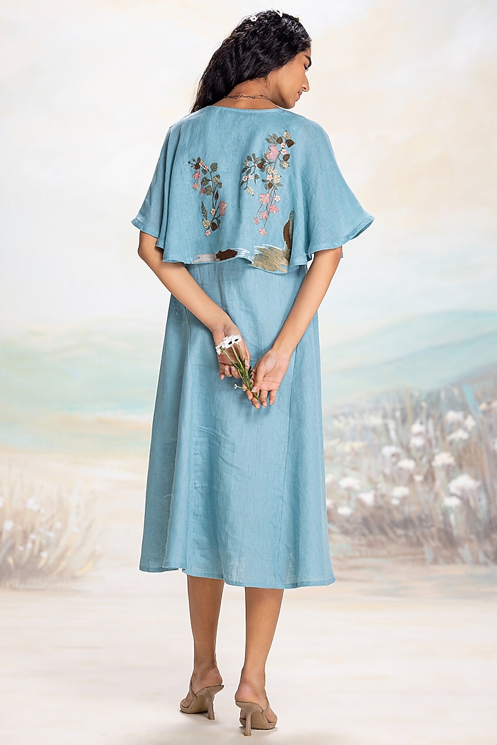 Lake Colored Linen Thread Embroidered Cape Vacation Dress by Kaveri at Pernia's Pop Up Shop